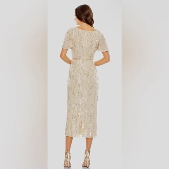 *Mac Duggal Sequined V-neck Flutter Sleeve Midi Length Dress Size 4 Style 93591C - Picture 3 of 8